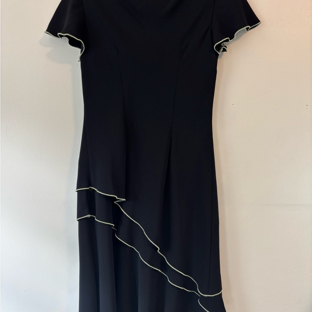 Deadstock Y2K Black Ruffle Formal Asymmetrical Midi Dress Flower Pin - Small Med - Picture 11 of 12